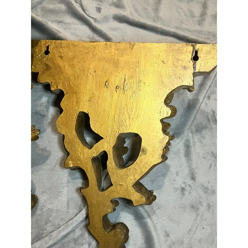 Pair Ornate Gold Wall Shelf Corbel Brackets Baroque Acanthus Hollywood Regency